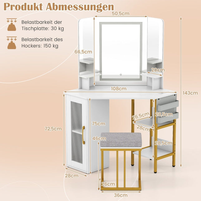Coiffeuse d'angle avec tabouret, miroir LED et ports de chargement