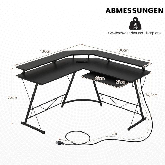 Eckschreibtisch mit Steckdose &amp; USB-Ladeanschluss &amp; Monitorständer schwarz