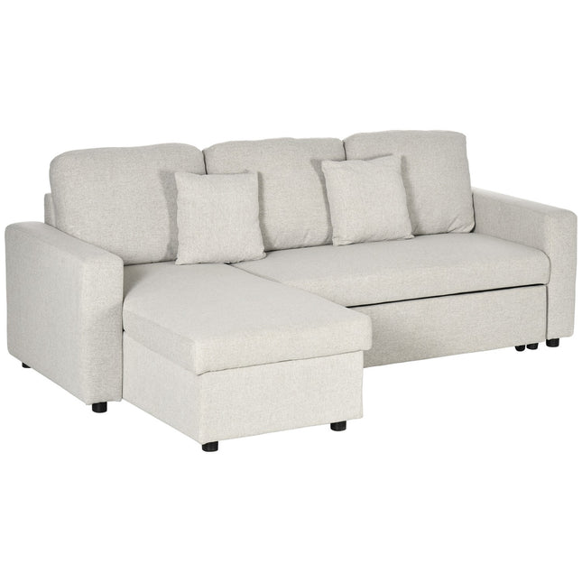 Eckschlafsofa mit Stauraum, cremeweißer Leinenstoff, L-Form