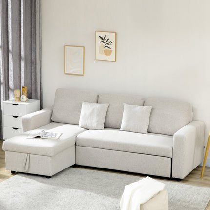 Canapé d'angle avec fonction lit, canapé d'angle comprenant un canapé 2 places, un lit simple, en forme de L avec espace de rangement, 2 coussins blanc crème