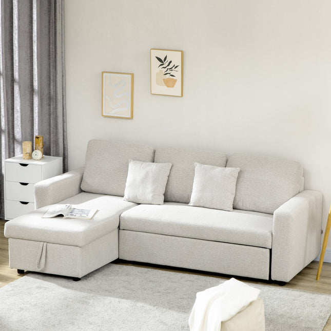 Eckschlafsofa mit Stauraum, cremeweißer Leinenstoff, L-Form