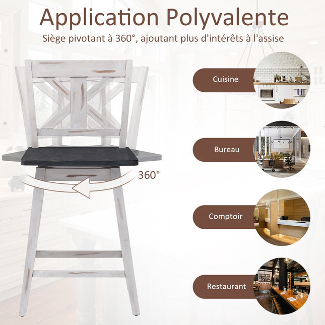 Ensemble de 2 tabourets de bar à hauteur de comptoir, pivotants de 61 cm (24 pouces), pieds en bois