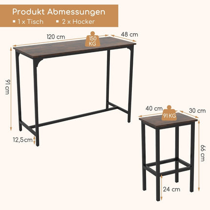 Ensemble de salle à manger à hauteur de comptoir avec table et 2 tabourets, marron