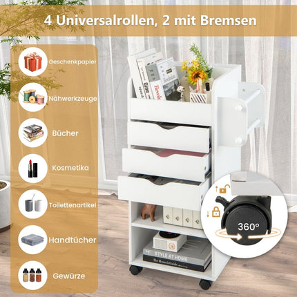 Bastelaufbewahrungswagen mit 3 Schubladen und 3 Ablagen, Weiß