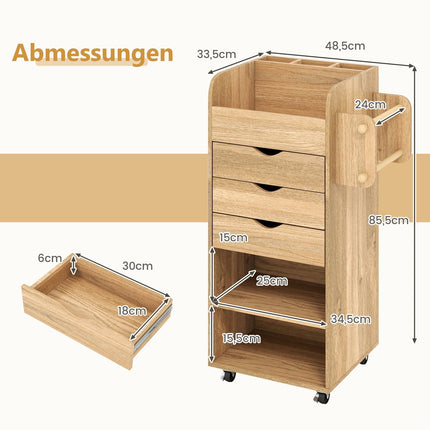 Chariot de rangement pour loisirs créatifs avec 3 tiroirs et 2 barres
