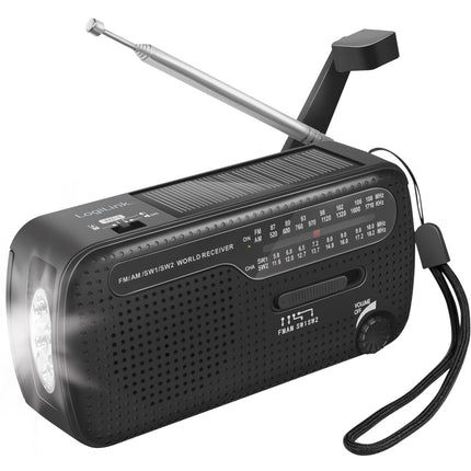 Kurbelradio mit Taschenlampe und Solarzelle Schwarz