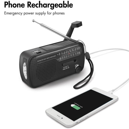 Kurbelradio mit Taschenlampe und Solarzelle Schwarz