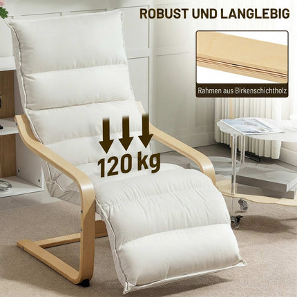 Cremefarbener Lounge-Sessel mit verstellbarer Fußstütze, Birkenholzrahmen