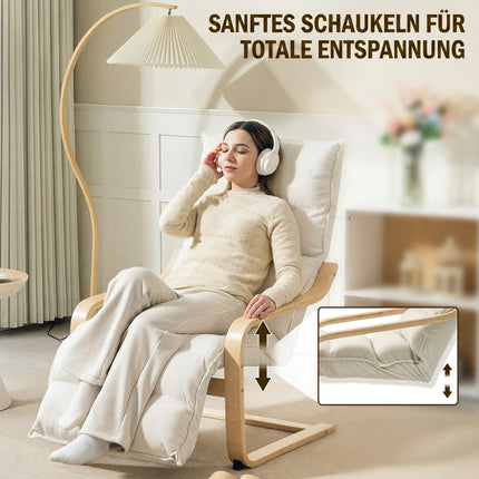 Cremefarbener Lounge-Sessel mit verstellbarer Fußstütze, Birkenholzrahmen