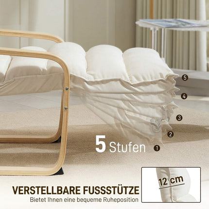 Cremefarbener Lounge-Sessel mit verstellbarer Fußstütze, Birkenholzrahmen