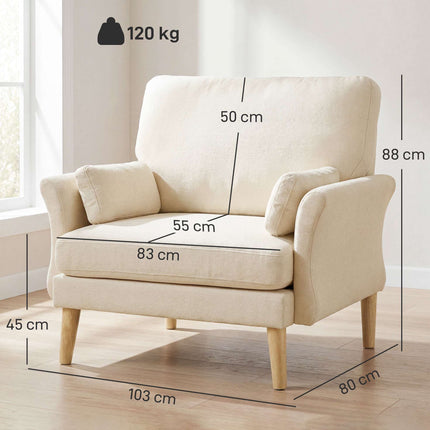Fauteuil d'appoint en velours crème, assise de 83 cm, avec 2 coussins inclus