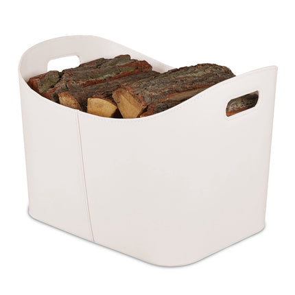 Panier en bois blanc crème et cuir artificiel