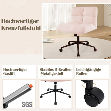 Chaise de bureau à pieds croisés avec roulettes, rose, hauteur réglable