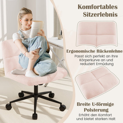 Chaise de bureau à pieds croisés avec roulettes, rose, hauteur réglable