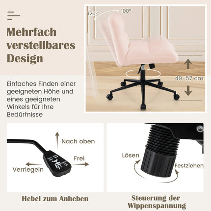Chaise de bureau à pieds croisés avec roulettes, rose, hauteur réglable
