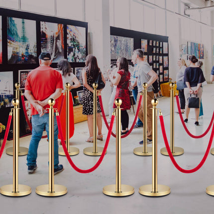 Crowd Control Stanchion Set, 8 Gold Posts, 5 Ft Red Rope