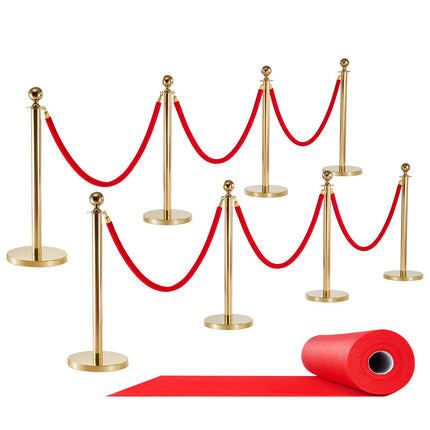 Crowd Control Stanchion Set, 8 Posts, Ropes, Red Carpet