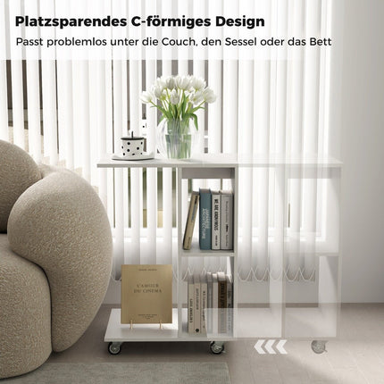 Table d'appoint en Forme de C, Table d'appoint étroite avec étagères, Table de Chevet Mobile pour Salon, Blanc