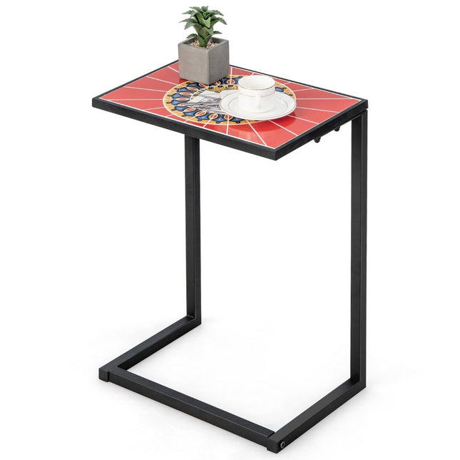 C-förmiger Beistelltisch Sofatisch mit Metallgestell Terrassentisch 46,5 x 32 x 65,5 cm Schwarz + Rot