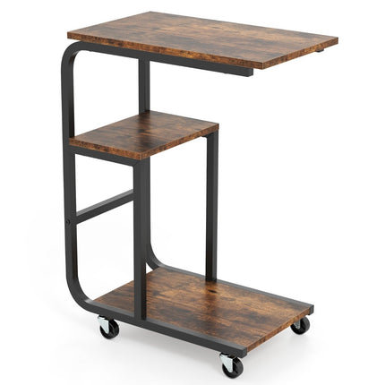 Table d'appoint en forme de C avec étagères ouvertes et roulettes verrouillables. Table de canapé peu encombrante.