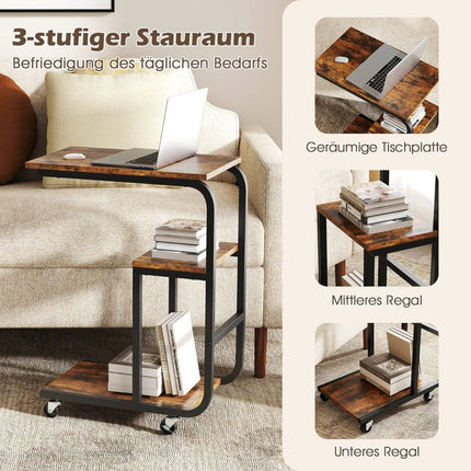 Table d'appoint en forme de C avec étagères ouvertes et roulettes verrouillables. Table de canapé peu encombrante.