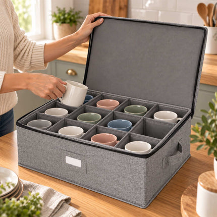 Cup Storage Box for 12 Cups with Dividers, Set of 2, Grey