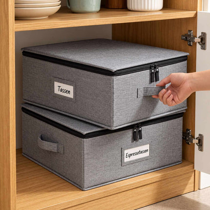 Cup Storage Box for 12 Cups with Dividers, Set of 2, Grey