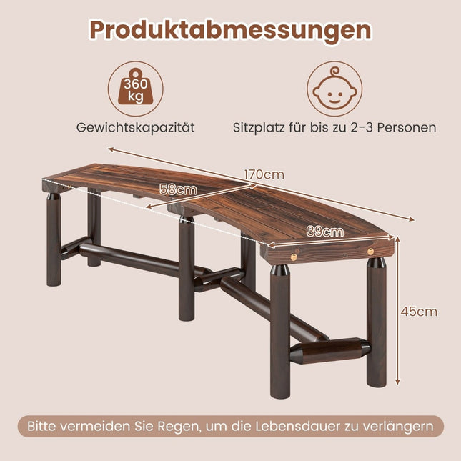 Banc d'extérieur incurvé en bois pour 2 à 3 personnes, 170 cm