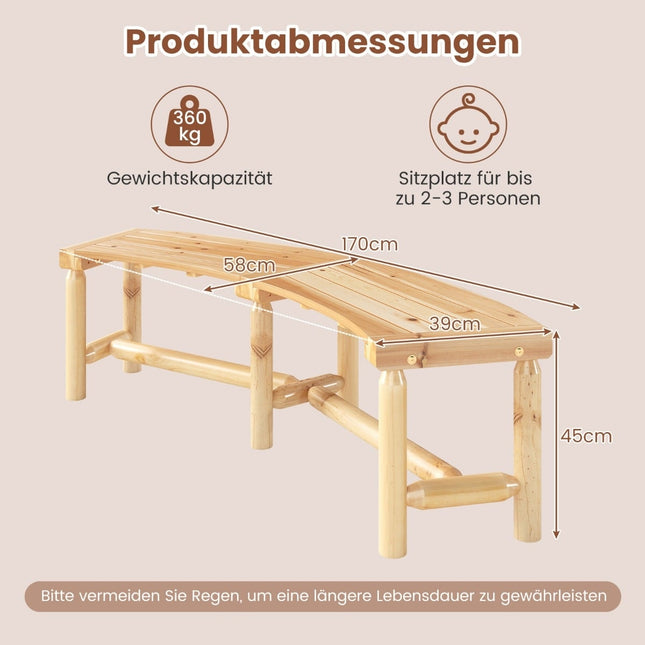 Banc d'extérieur incurvé en bois pour 2 à 3 personnes, 170 cm