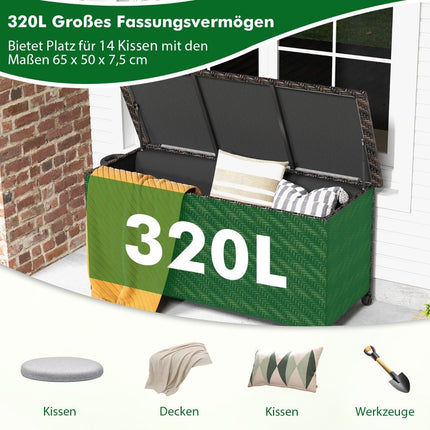 Boîte à coussins avec roulettes et capacité de 320 L, boîte de rangement étanche en polyrotin
