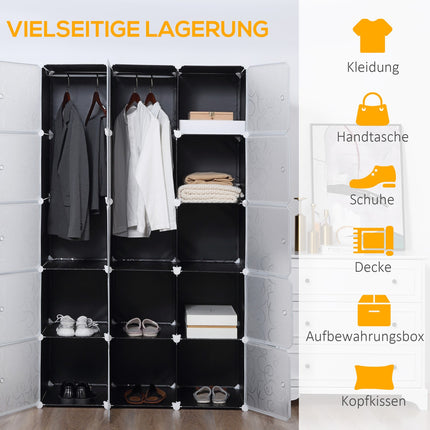 Modular wardrobe shelving system with 11 cubes, black