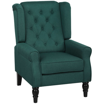 Fauteuil à oreilles vert foncé avec coussins en mousse et structure en bois