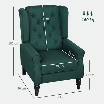 Fauteuil à oreilles vert foncé avec coussins en mousse et structure en bois