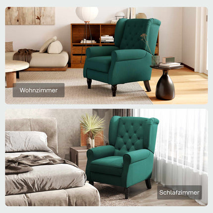 Fauteuil à oreilles vert foncé avec coussins en mousse et structure en bois