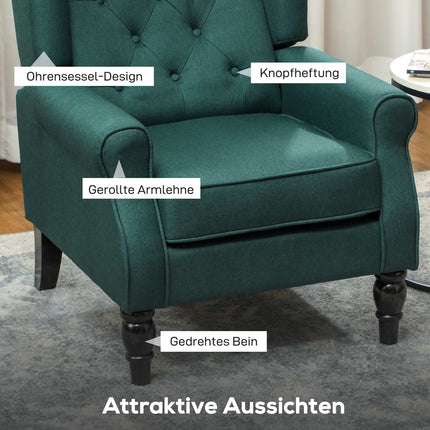 Fauteuil à oreilles vert foncé avec coussins en mousse et structure en bois