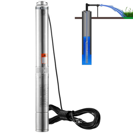 Deep Well Submersible Pump 750W, 75m Head, IP68, Stainless