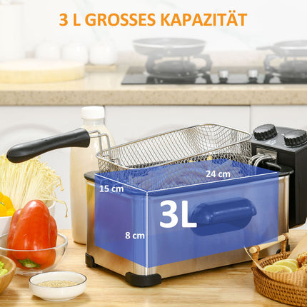Fritteuse, 3 Liter, 2.000W Leistung, transparenter Deckel, Cool-Touch-Griff, schwarz