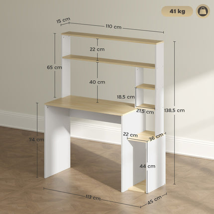 Bureau 113 x 45 cm Bureau d'ordinateur Table de bureau avec étagères ouvertes Support CPU Cadre en acier pour bureau à domicile Chambre à coucher Chêne |