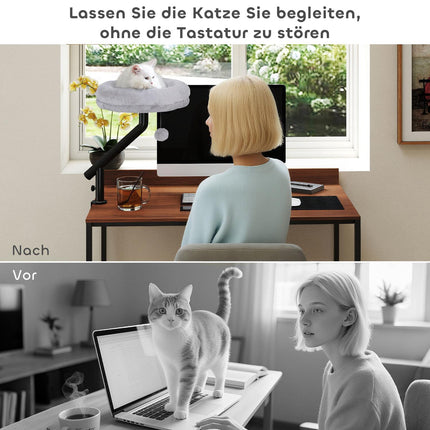 Lit de bureau pour chat avec rotation à 360°, hauteur réglable, gris