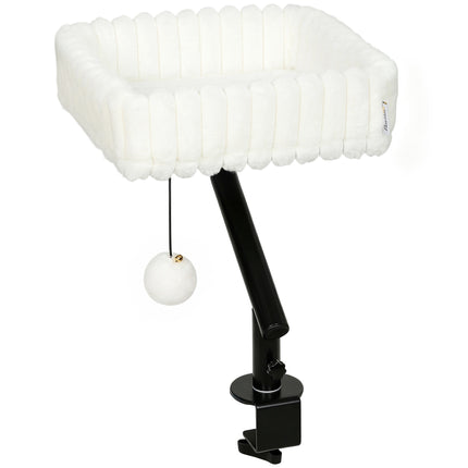 Desk Cat Bed with Adjustable Clamp and 360° Rotation, Hanging Ball, White