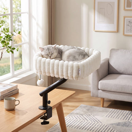 Desk Cat Bed with Adjustable Clamp and 360° Rotation, Hanging Ball, White