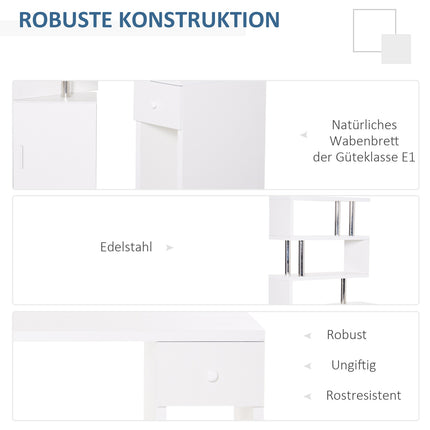 L-shaped white corner desk with bookshelf and drawer, 120x80x164 cm