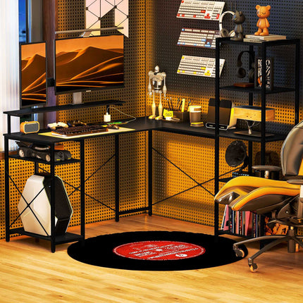 Bureau d'ordinateur en forme de L 137 x 140 x 139,5 cm Bureau d'angle avec 6 étagères, table de bureau avec support pour écran, USB, prise, pour bureau à domicile, bureau, noir