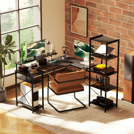 Bureau d'ordinateur en forme de L 137 x 140 x 139,5 cm Bureau d'angle avec 6 étagères, table de bureau avec support pour écran, USB, prise, pour bureau à domicile, bureau, noir