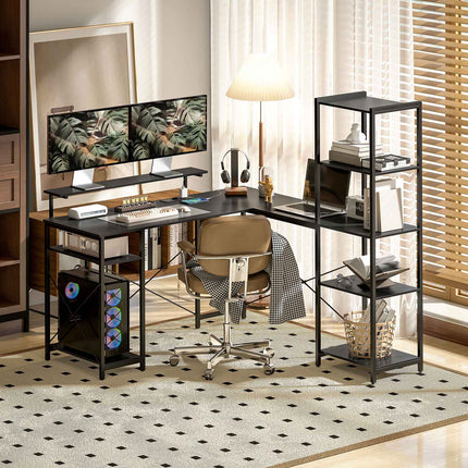 Bureau d'ordinateur en forme de L 137 x 140 x 139,5 cm Bureau d'angle avec 6 étagères, table de bureau avec support pour écran, USB, prise, pour bureau à domicile, bureau, noir