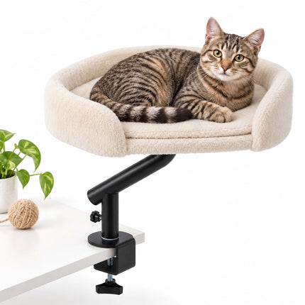 Desk Mounted Cat Bed with Clamp and Reversible Cushion, Cream, Up to 25 kg