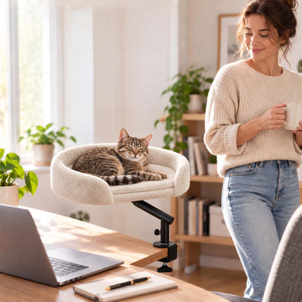 Desk Mounted Cat Bed with Clamp and Reversible Cushion, Cream, Up to 25 kg