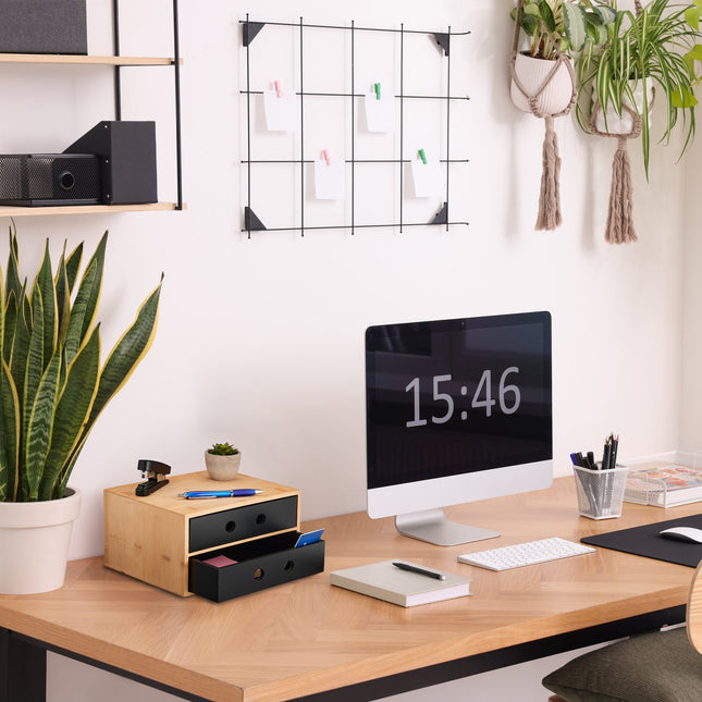 Organiseur de bureau à 2 tiroirs, rangement en bambou