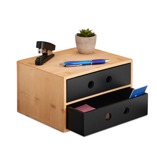 Organiseur de bureau à 2 tiroirs, rangement en bambou