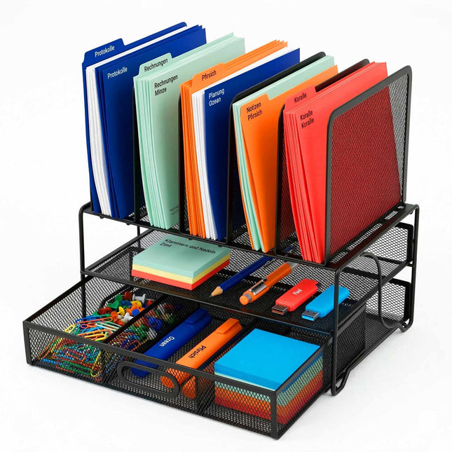 Organiseur de bureau à 6 compartiments, tiroir, maille d'acier